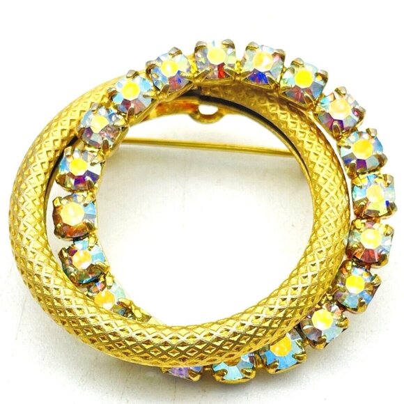 Unbranded Jewelry - Double Ring Pin Aurora Borealis Beads Gold Tone Retro Classic Career Cosplay Vtg